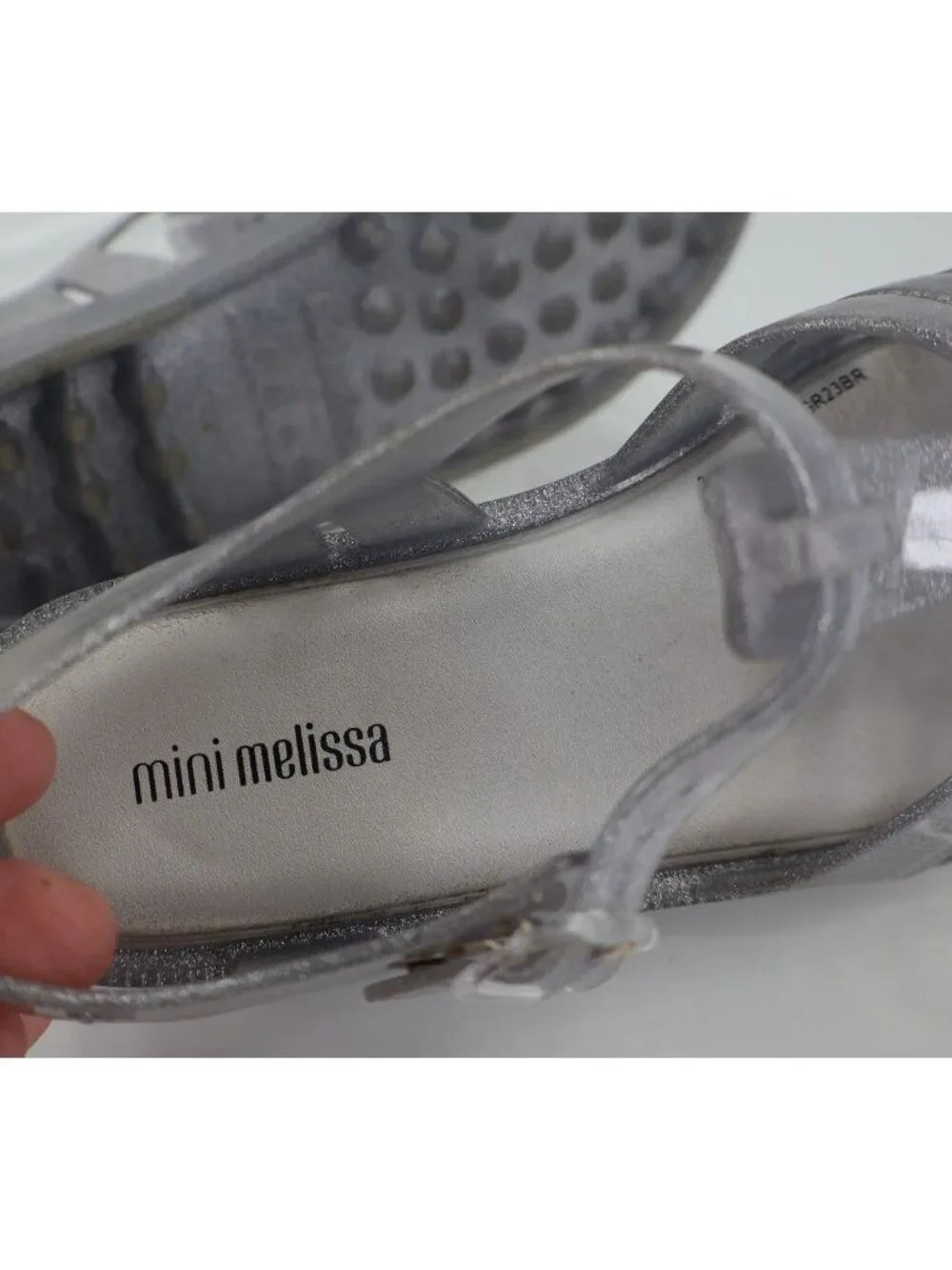 Mini Melissa Possession Glitter Girls Size 4 Silver Jelly Cage Sandal Buckle